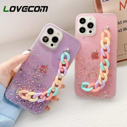 Gradient Glitter Rainbow Wrist Chain Phone Case For iPhone 11 12 Pro Max 12 Mini XS Max X XR 8 7 Plus Clear Soft Epoxy Back Capa