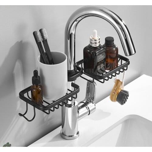 Black Aluminum Bathroom Kitchen Faucet Storage Rack Drain Basket Sink Dishcloth Rack Soap Holder Shower Storage Rack 1-2.8cm