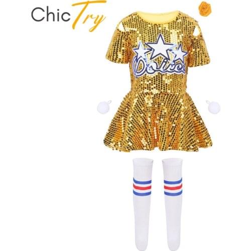 ChicTry Kids Teens Sequins Crop Tops with Skirt Shorts Socks Set Stage Performance Jazz Dance Costume Girls Cheerleading Uniform