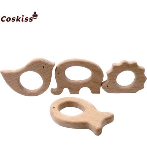 DIY Baby Teether Toys Organic Natural Beech Wooden Elephant-Bird-Fish-Hedgehog Hand Cut Grasping Toys Baby Wooden Teether Gift