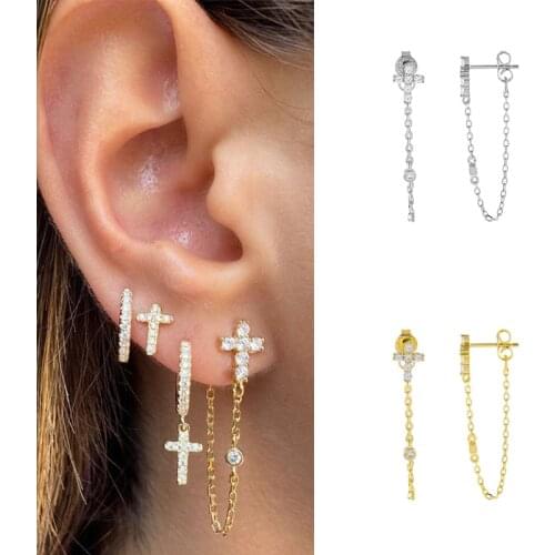 ISUEVA Chic Style Silver Gold Filled CZ Long Drop Ear Cubic Zircon Lucky Cross Chain Stud Earrings For Women Ladys Jewelry