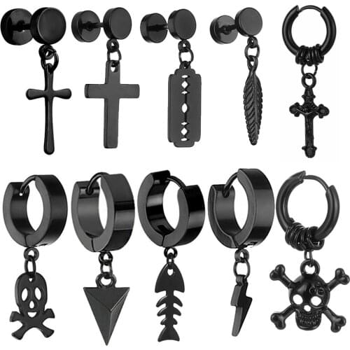 2021 Titanium Steel Men Stud Earrings Geometric Black Punk Goth Ear Cuffs Clip-on Earrings for Women Jewelry Gifts Charm