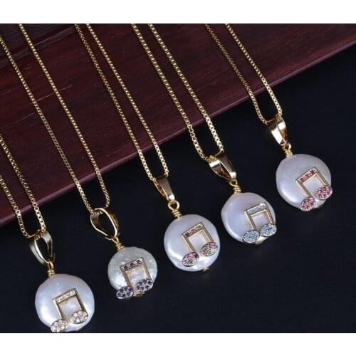 Multiple cz colors musical note charm freshwater pearl bead dainty gold link chain pendant choker necklace for women music lover