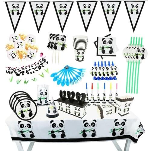 Cute Panda Theme Party Supplies Paper Cups Plates Napkins Flags Hats Cap Straw Kids Birthday Party Disposable Tableware Birthday