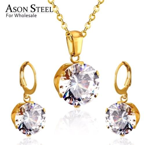 ASONSTEEL Bridal Jewelry Sets Round Cubic Zirconia Pendants Stainless Steel Drop Earring Fashion Accessories Mujer Party Wedding