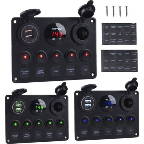 Rocker Switch Panel With LED Digital Voltmeter Dual USB Port 12V Outlet Combination Waterproof Switches For Car Marine Boat