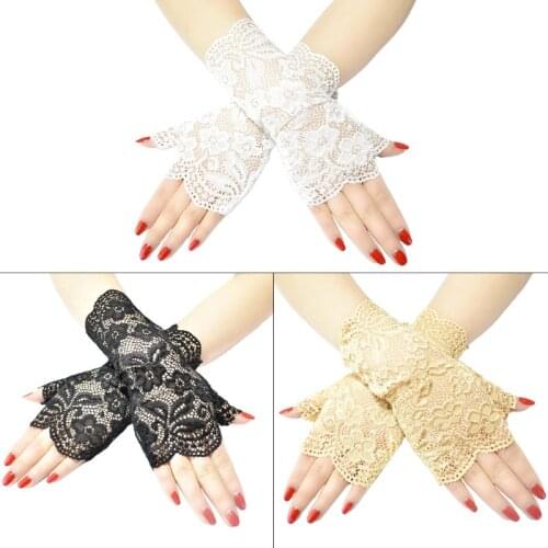 Women Wedding Party Sexy Sheer Mesh Fingerless Gloves Embroidery Jacquard Floral Lace Shiny Sunscreen Driving Mittens