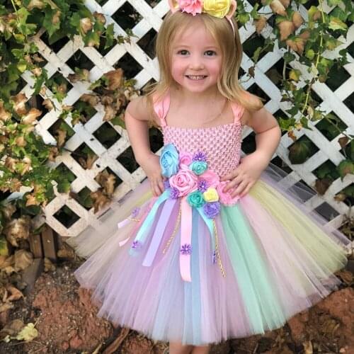 Girls Pastel Unicorn Flower Tutu Dress Kids Crochet Tulle Strap Dress Long Ball Gown with Hairbow Children Party Costume Dresses