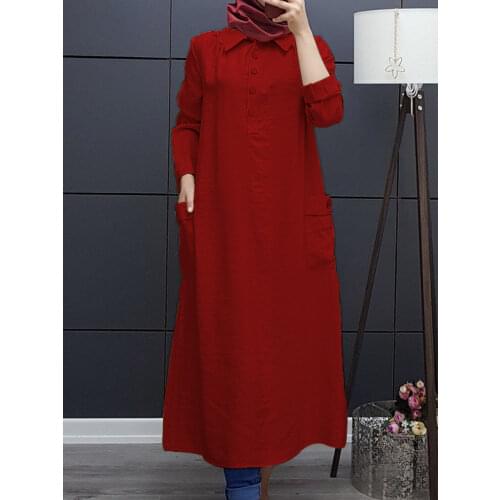 Ramadan Muslim Women Dress Solid Long Plus Size Pocket Buttons Office Lady Elegant Moroccan Kaftan Hijab Abaya Party Night