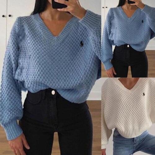 Simple Casual Loose V-Neck Batwing Sleeve Knitted Sweater Autumn Winter Oversized Solid Color Pullover Sweater Ladies Clothing