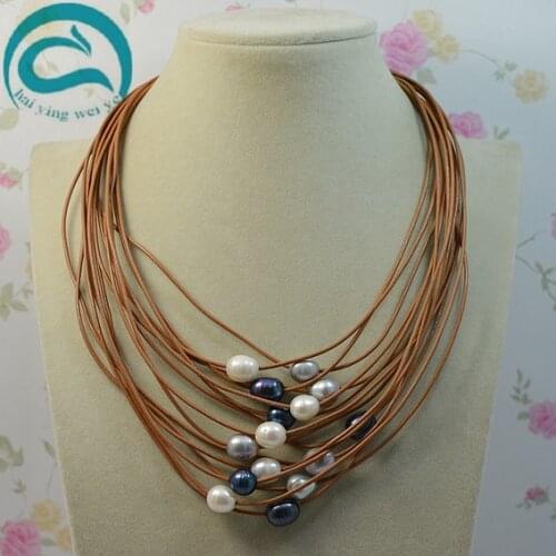 Multicolor 10-12mm Natural Oval Freshwater Pearl Jewelry Gem Stone Beads 15 Row Leather Pearl Necklace 18-20'' Magnet Clasp