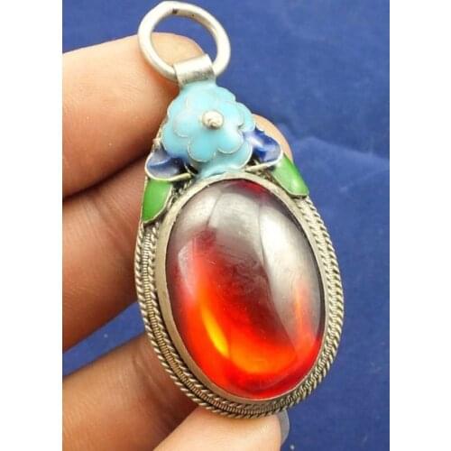 Elaborate Chinese Tibetan Silver inlaid with artificial Red Zircon Necklace Pendant