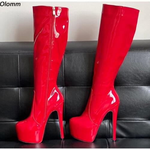 Olomm Women Winter Platform Knee High Boots Sexy Stiletto Heels Round Toe Pretty Violet Pink Grey Party Shoes Plus US Size 5-20