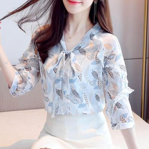 Chiffon Shirt Summer Women Blusas Mujer De Moda 2020 New Short Sleeve Floral off-Shoulder Flowers Bow Neck Chiffon Tops 996E