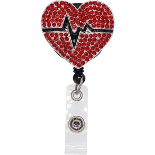 Rhinestone Red Heart Pumping Retractable Reel Plastic Badge Holder for Nurse, Teacher Other Uniform