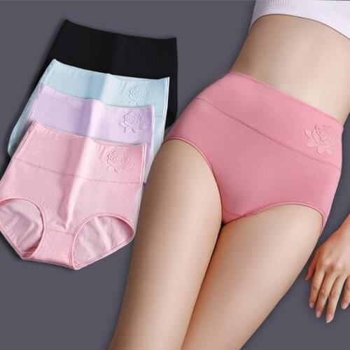 Cotton womens panties elastic soft large size XXL Embossed ROSE Ladies underwear Breathable sexy High waist briefs