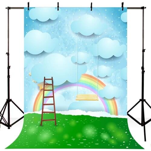 Vinyl Photography Background Cartoon Clouds Rainbow Swing Ladder Green Lawn Birthday Children Backdrops for Photo Studio LV-014