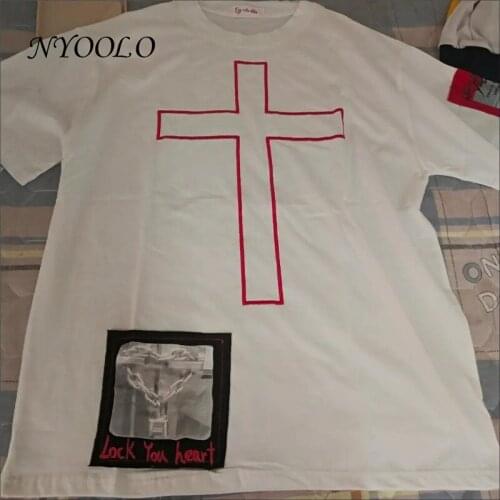 NYOOLO Vintage Streetwear Cross Embroidery Patchwork O-Neck Short Sleeve Goth T-Shirt Women Men Summer Oversized Hip Hop Tops