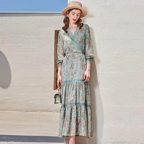 V neck green chiffon silk floral maxi dress women 2020 summer long work beach office sexy party luxury dresses plus size