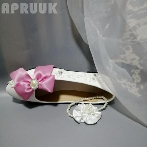 PINK satin bow butterfly-knot flats shoes woman sexy lace ankle beading elastic strap anklet ladies party shoes