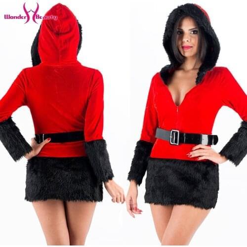 Santa Claus Women Hooded Velvet Dress+belt Set Sexy Role-play Christmas Xmas Cosplay Costumes V-neck Halloween Party Wear