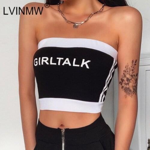 LVINMW Sexy Strapless Letter Print Sleeveless Backless Crop Top 2020 Summer Women Patchwork Elastic Soft Chic New Tops Street