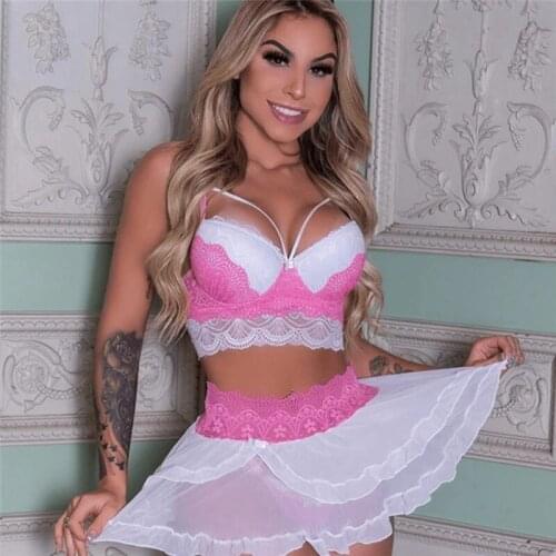 Women Sexy- Nightwear Dress See Through Sleeveless Sexy Lace Transparent Babydoll G-String Underwear Lace Bra Set