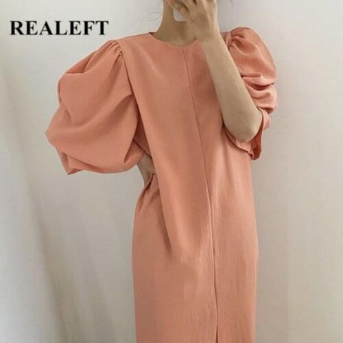 REALEFT Summer 2021 New Puff Sleeve Elegant Womens Dresses Lace Up O-Neck Korean Style Loose Straight Front Split Dress Ladies