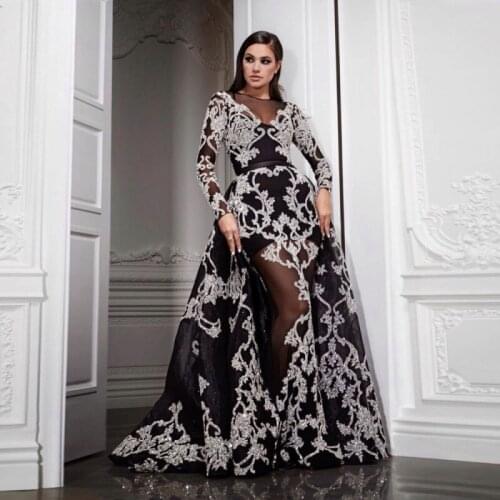 Saudi Arabia Black Evening Dresses Sheer Neck Appliques Beads Long Sleeves Prom Dresses See Through A Line Robe De Soiree