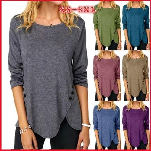 Round Neck Long Sleeve Women T-Shirt Solid Color Loose Casual Tops Button Oversized Cotton Tees Aesthetic Irregular Pullover