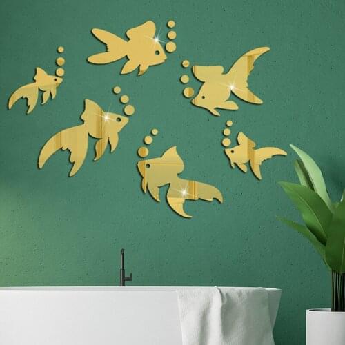 Cartoon Acrylic Mirror Wall Sticker room decor Golden Fish bubbling Bathroom bedroom living room decoration accessories