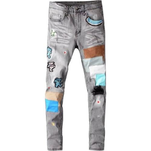 New Style Mens Trousers Autumn Winter Fashion High Street Bear Patch Ripped Hole Beggar Gray Slim Fit Elastic Pants Jeans 651