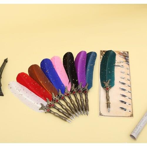 Luxury Fountain Pen Set Vintage Sprinkling Gold Feather Pen Ink Bottle Calligraphy Writing Dip Pen Birthday Gift +10 Nibs Quill