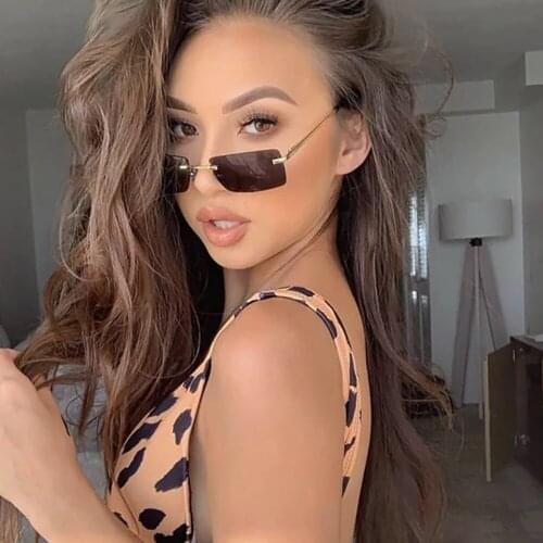 Luxury Small Rimless Men Women Sunglasses Rectangle Vintage Summer Trendy Shades Brown Retro Sunglasses JDA3154