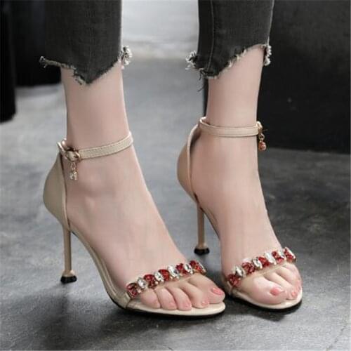 Sandals Women Mid Heel Summer Slip-on Buckle Ladies Shoes PVC Rhinestones Buckle Strap 6CM Thin High Heels Round Toe Shallow