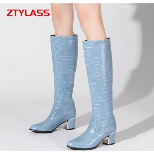 2021 Stone Grain Pu Leather Knee High Boots Spring Autumn Fashion Women Boots Chunky Heel Long Boots Slip On Winter Woman Shoes