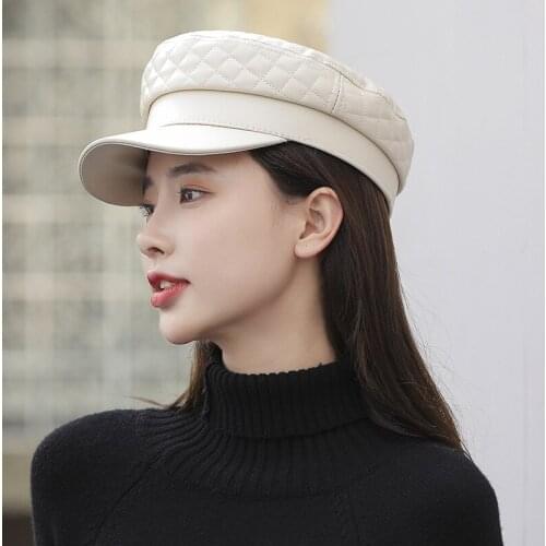 Net Red Ladies Octagonal Hat Pu Leather Autumn Winter Flat Navy Hat Breathable Fashion Personality British Retro Beret Women