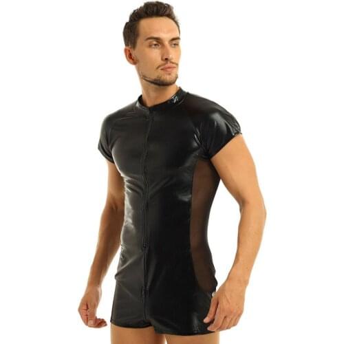 Sexy Men Faux Leather Mesh Zipper Leotard Romper Fetish Bulge Pouch Wet Look Bodysuit Jumpsuit Costume