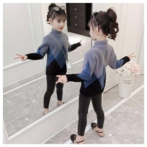 Girls' sweater 2019 new medium and large childrens high collar imitation mink velvet autumn and winter thickened base shirt
