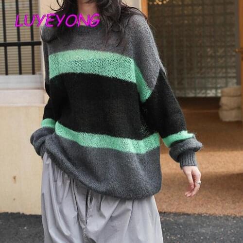 O Neck Knitted Top Autumn Lady Contrast Color Big Striped Long Sleeve Pullover Sweaters Vintage Women Gothic Loose Pull Sweater