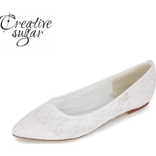 Creativesugar Sweet soft lace woman flats shoes party wedding daily pointed toe slip on rubber sole bridal shoes ivory white red