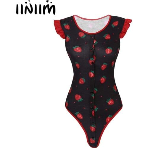 Iiniim Adult Women Strawberry Pattern Round Neck Sleeveless Button Closure Bodysuit Romper Sleepwear Casual Nightwear