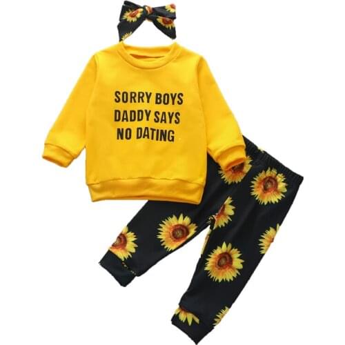 2020 Newborn Baby Girl Sunflower Outfits Fashion Letter Print Long Sleeve Tops+Floral Pant+Headband Fall Clothes for Girls 3M-2T