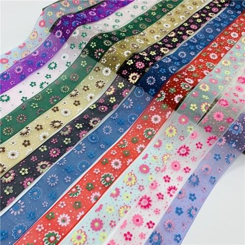5yards/Lot 25mm Organza Ribbon Printing Flower Ribbon For Bow Hair Wedding Christmas Decoration Lace Crafts DIY Gift Package