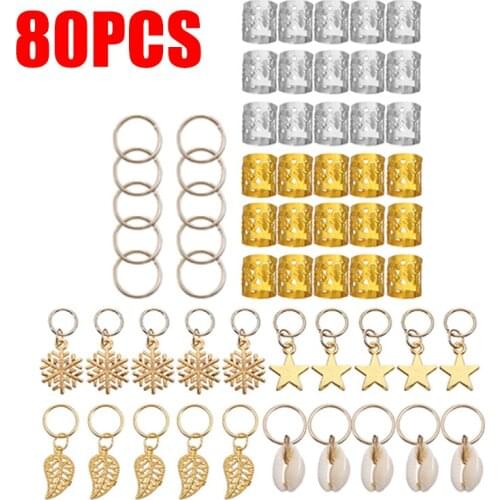 80pcs Metal Hair Braid Dreadlocks Ring Extension DIY Hair Clip Hair Cuffs Dread Tube Charm Decoration Accessaries Gold Silver