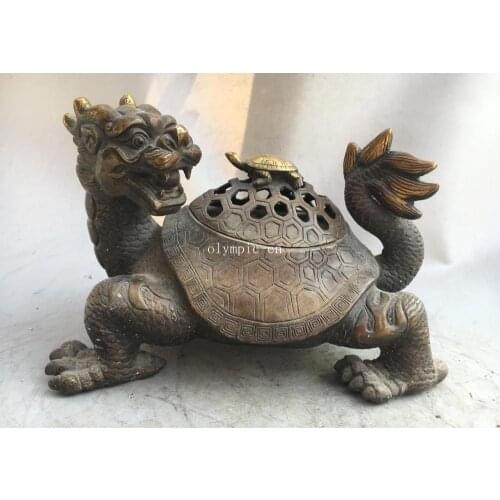 9''copper gild carved home fengshui Dragon Turtle tortoise incense burner censer