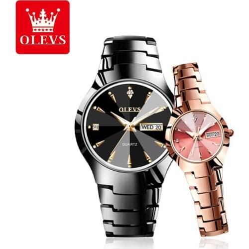OLEVS Lover Watch Quartz Tungsten Steel Luxury Brand Luminous Men Women Waterproof Watches Week Date Business Clock WristWatch