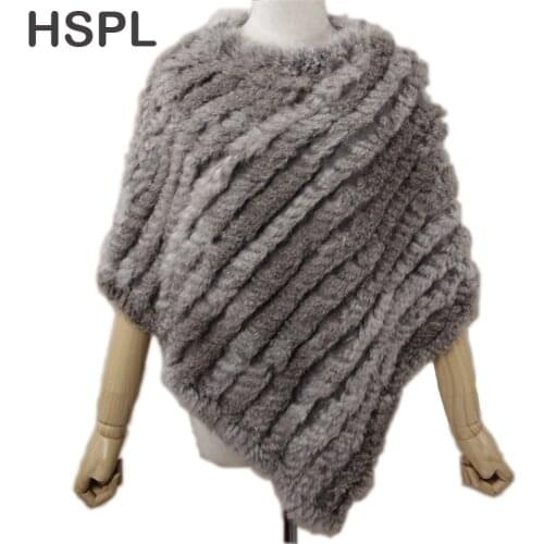 HSPL Fur Poncho 2019 Autumn Real Rabbit Hot Sale Triangle Knitted Women Pullover Lady Pashmina Wrap poncho pele de coelho