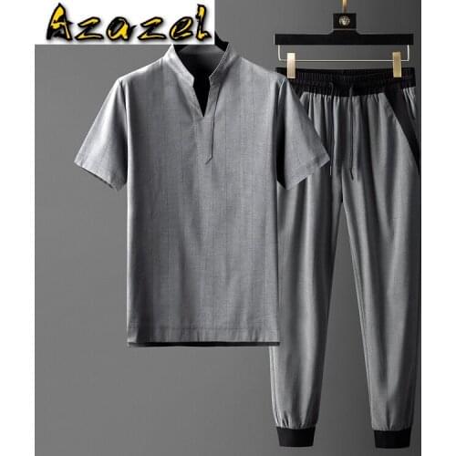 Azazel Stand Collar Mens Sets (t-shrit+pants) Luxury Short Sleeve Stripe Thin Male Set Fashion Slim Fit Elastic Waist Pants 3XL