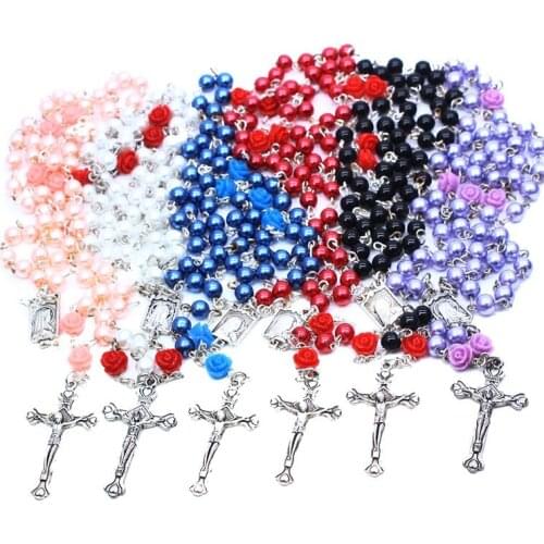 Colorful 6mm Artificial Pearl Rosary Rose Cross Pendant Necklace, Virgin Mary Beaded Chain Catholic Religious Jewelry